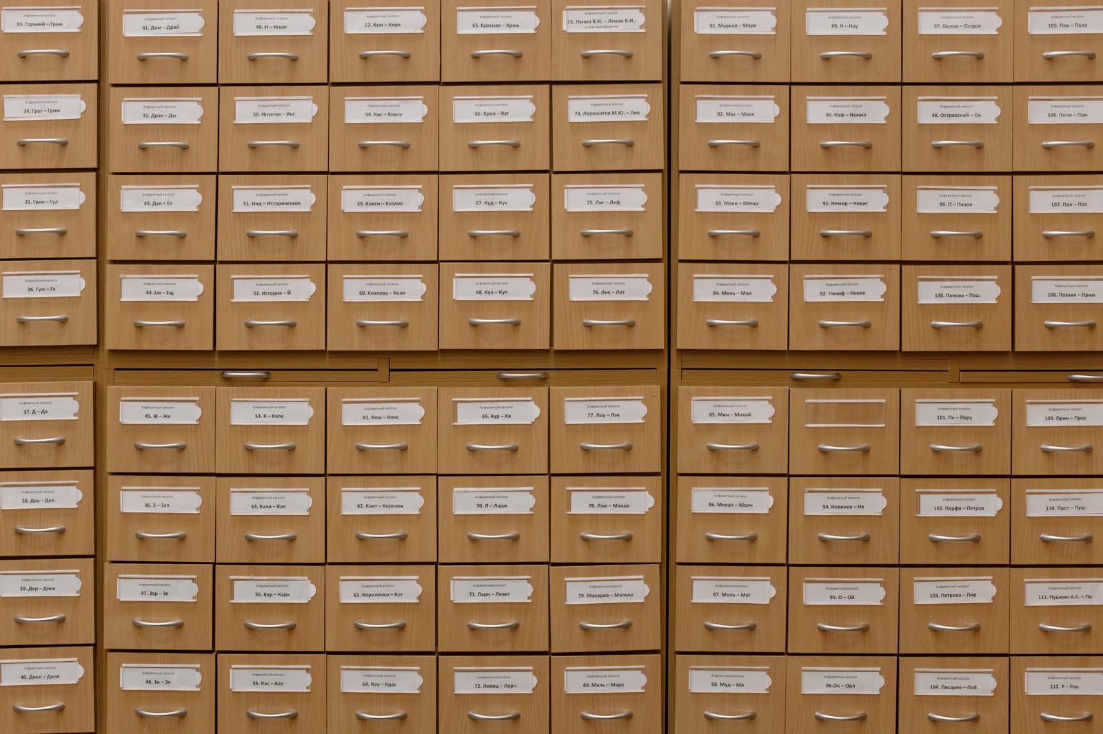 Wall of labelled wooden card-index drawers in a library catalogue
