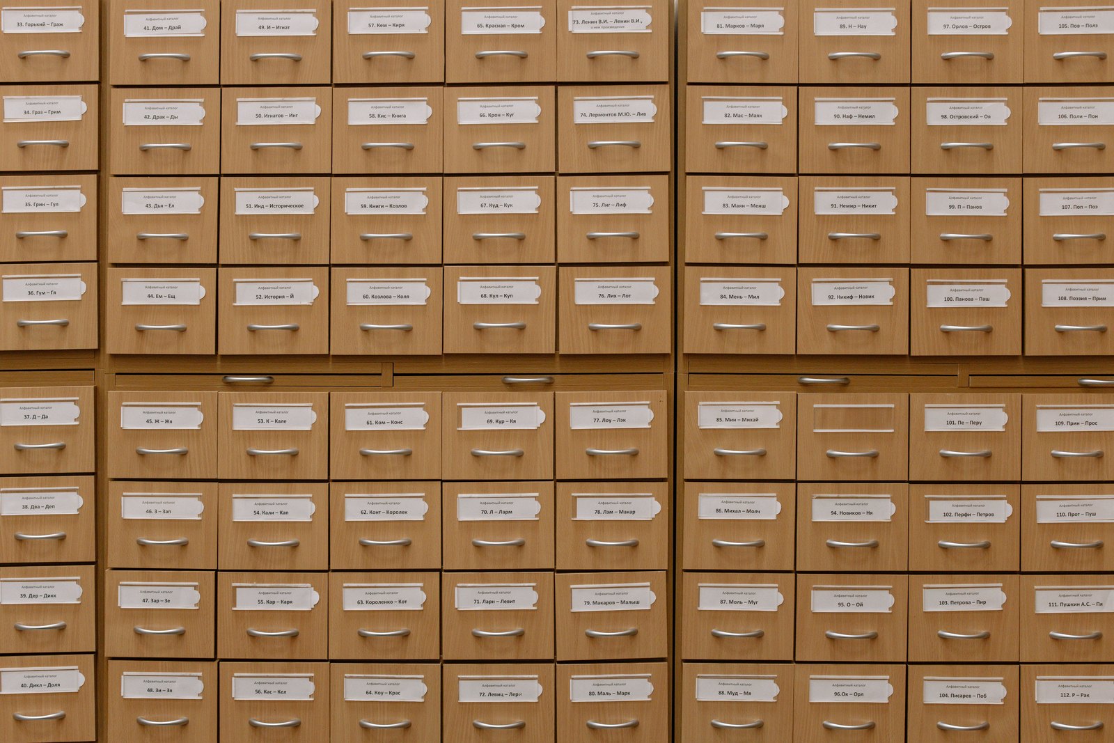 Full wall of labelled wooden card-catalogue drawers, every drawer titled