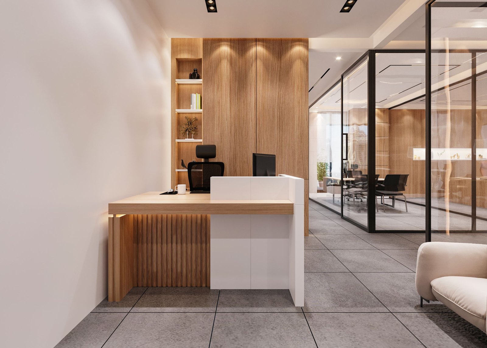 Empty office reception desk in a wood-panelled lobby